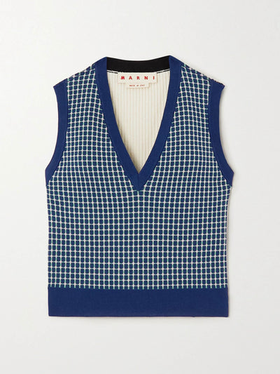 Marni Blue panelled checked wool-blend jacquard and ribbed-knit sweater at Collagerie