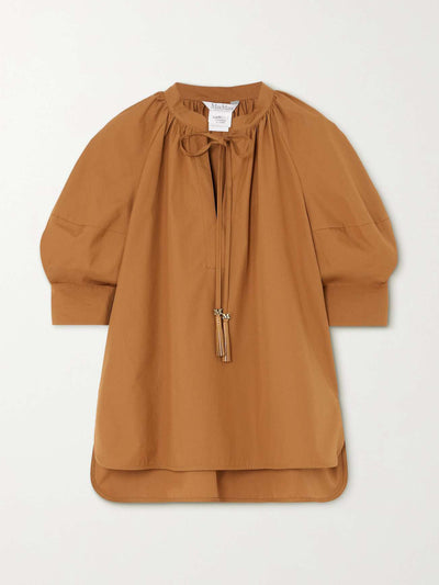 Max Mara Carpi tasseled leather-trimmed cotton-poplin blouse at Collagerie