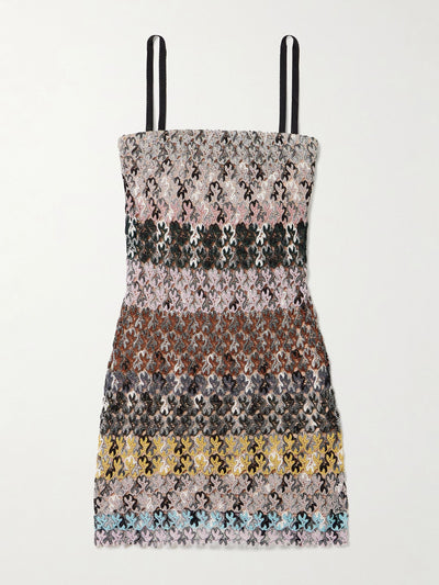 Missoni Striped metallic crochet-knit mini dress at Collagerie