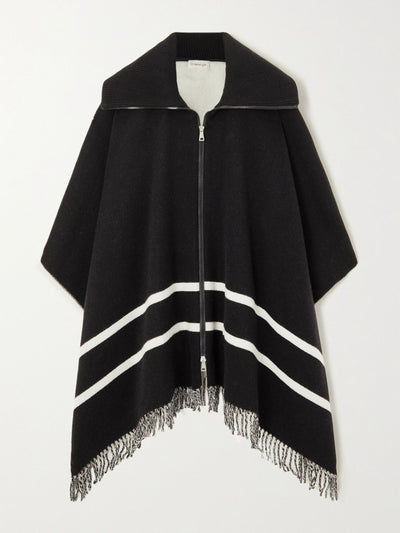 Moncler Fringed striped wool-blend jacquard poncho at Collagerie