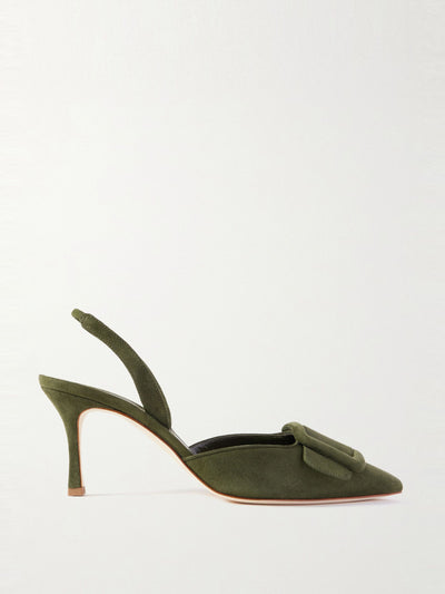 Manolo Blahnik Maysli 70 buckled suede slingback pumps at Collagerie