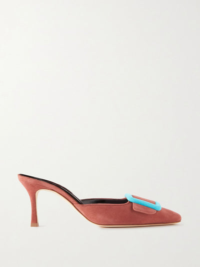 Manolo Blahnik Maysale 70 buckled suede mules in Tan at Collagerie