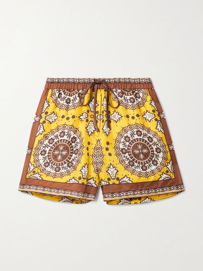 Nili Lotan Brown and yellow printed silk-satin twill shorts at Collagerie