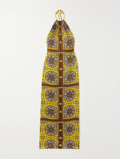 Nili Lotan Yellow and brown printed silk crepe de chine halterneck maxi dress at Collagerie