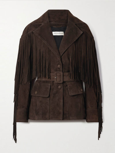 Nour Hammour Cassidy belted fringed suede jacket at Collagerie