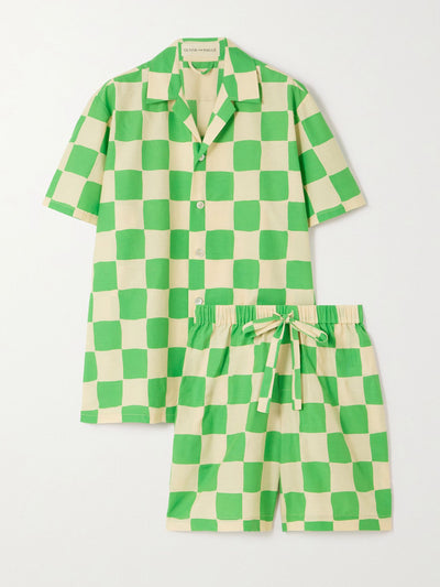 Olivia Von Halle Green and beige gingham cotton and silk-blend pyjama set at Collagerie