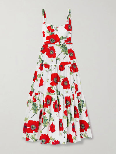 Oscar De La Renta Belted floral-print tiered cotton-blend poplin gown at Collagerie