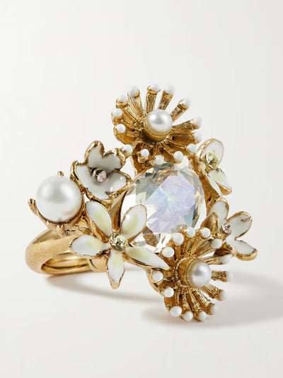 Oscar De La Renta Bloom gold-tone, crystal, enamel and faux pearl ring at Collagerie