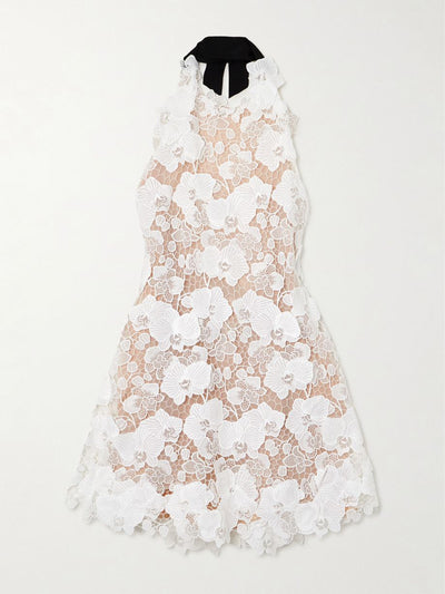 Oscar De La Renta Halterneck grosgrain-trimmed guipure lace mini dress at Collagerie