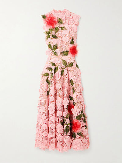 Oscar De La Renta Hibiscus appliquéd embroidered guipure lace midi dress at Collagerie