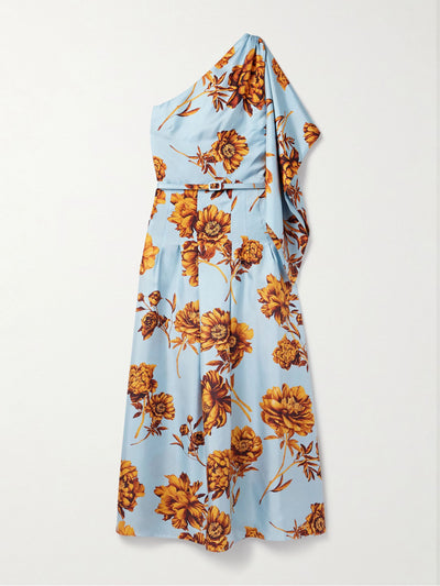 Oscar De La Renta One-shoulder belted draped floral-print silk-twill midi dress at Collagerie