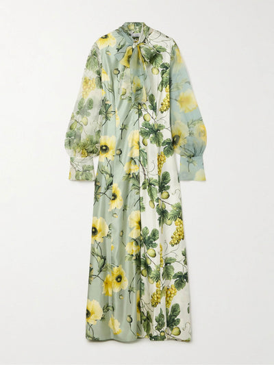 Oscar De La Renta Tie-detailed chiffon-trimmed printed silk-twill gown at Collagerie