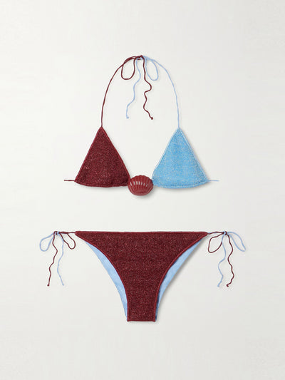 Oséree Lumière Shell embellished two-tone metallic triangle bikini at Collagerie