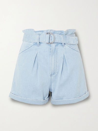 Paige Belted pleated denim shorts at Collagerie