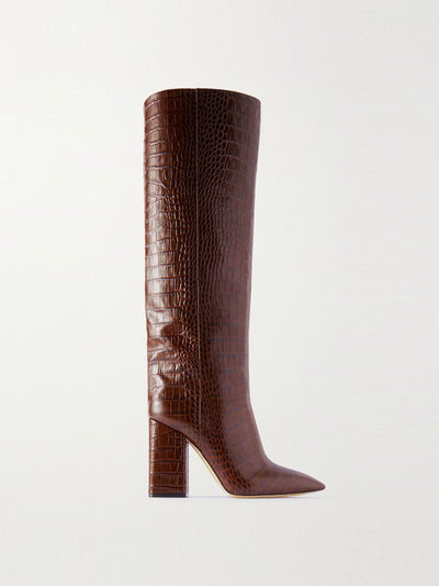 Paris Texas Brown croc-effect leather knee-high boots at Collagerie