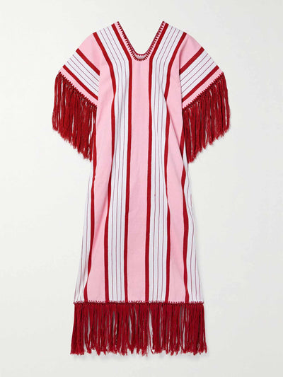 Pippa Holt Pink fringed striped embroidered cotton kaftan at Collagerie