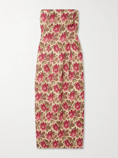 Posse Rosalie strapless pintucked floral-print linen midi dress at Collagerie
