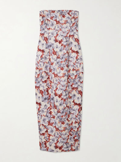 Posse Rosalie strapless pleated floral-print linen midi dress at Collagerie