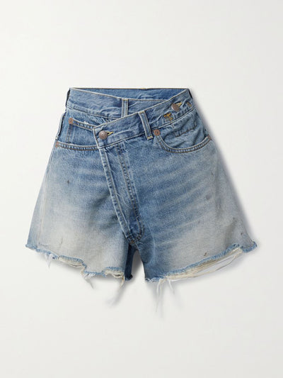 R13 Blue crossover asymmetric distressed denim shorts at Collagerie