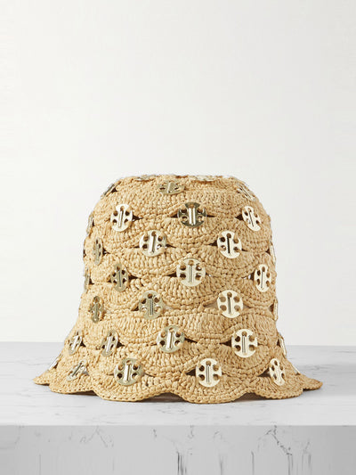Rabanne Embellished scalloped crocheted raffia bucket hat at Collagerie