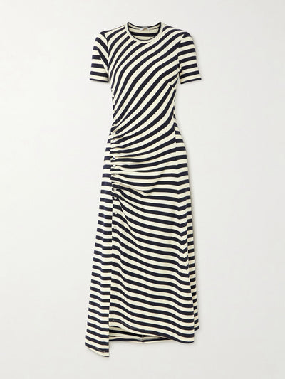 Rabanne Gathered embellished striped wool-blend midi dress at Collagerie