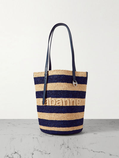 Rabanne Leather-trimmed logo-embroidered striped raffia tote at Collagerie