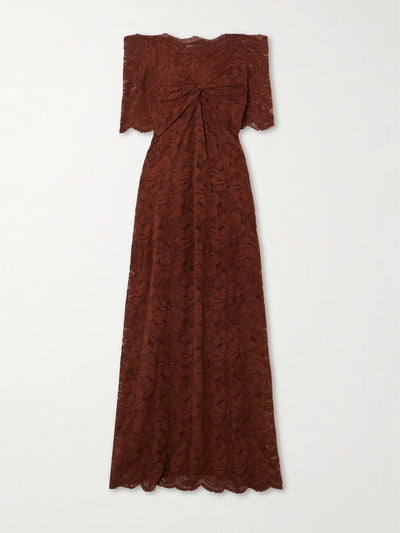 Rabanne Off-the-shoulder twist-front stretch-lace midi dress at Collagerie