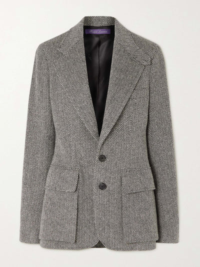 Ralph Lauren Collection Leather-trimmed herringbone wool-blend tweed blazer at Collagerie