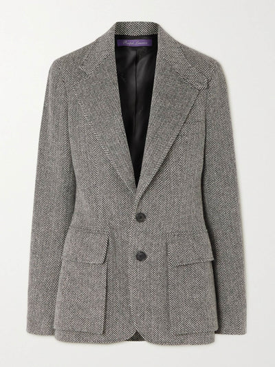 Ralph Lauren Collection Grey leather-trimmed herringbone wool-blend tweed blazer at Collagerie