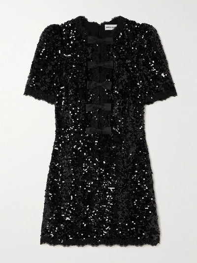 Rebecca Vallance Diana bow-detailed lace-trimmed sequined woven mini dress at Collagerie