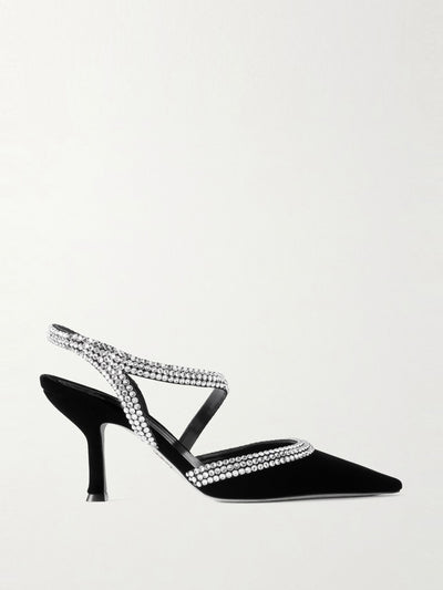 René Caovilla Crystal-embellished leather-trimmed velvet slingback pumps at Collagerie