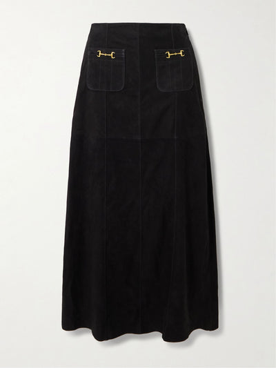 Rixo Edwina embellished paneled suede midi skirt at Collagerie