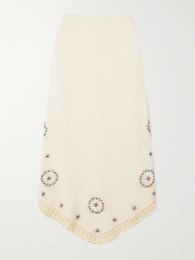 Rixo Imola crochet-trimmed embroidered linen-blend midi skirt at Collagerie