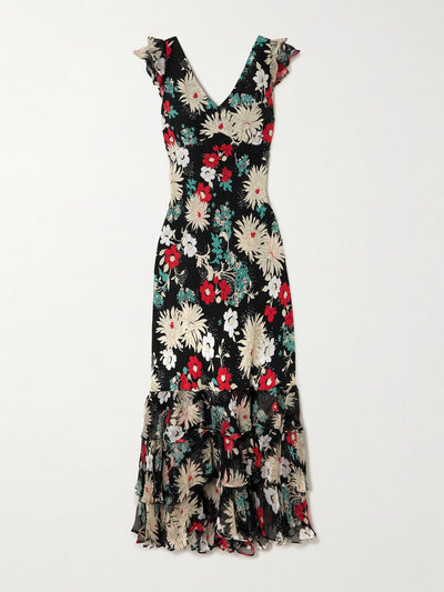 Rixo Ossy ruffled tiered floral-print silk crepe de chine maxi dress at Collagerie