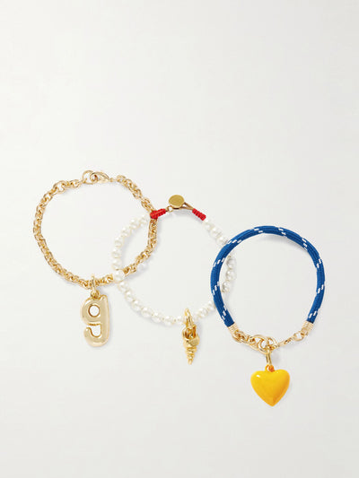 Roxanne Assoulin The Happy Heart Trio gold-tone, cord, faux pearl and enamel bracelets (set of 3) at Collagerie
