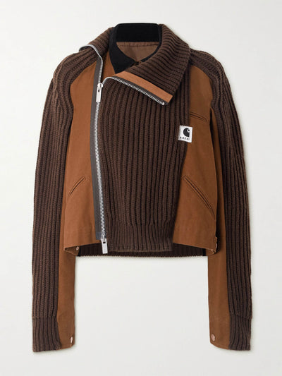 Sacai X Carharrt WIP Asymmetric ribbed wool-blend and cotton-canvas cardigan at Collagerie