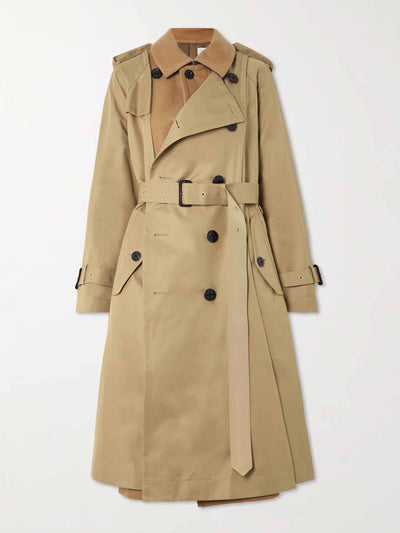 Sacai Belted paneled wool-felt trench coat at Collagerie