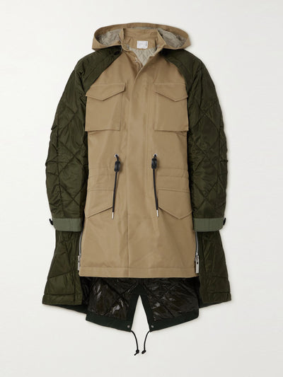 Sacai Convertible quilted shell and cotton-gabardine hooded coat at Collagerie