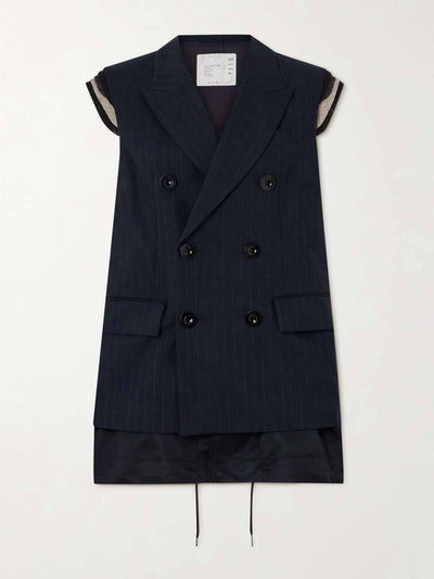 Sacai Double-breasted terry and shell-trimmed pinstriped vest at Collagerie