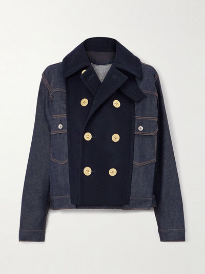 Sacai Double-breasted wool-trimmed denim jacket at Collagerie