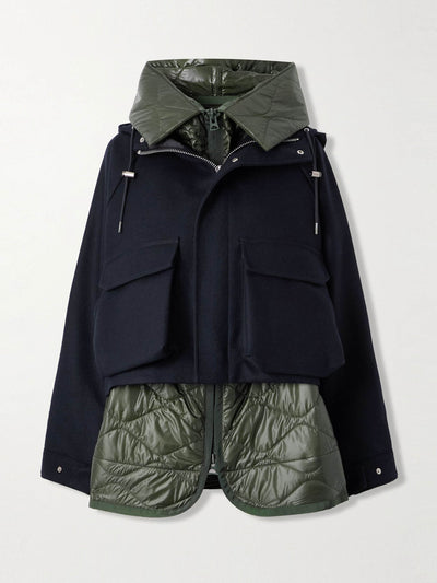 Sacai Hooded wool and quilted shell jacket at Collagerie