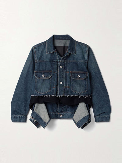 Sacai Layered frayed denim and wool-felt jacket at Collagerie
