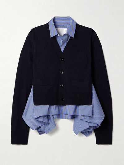 Sacai Pinstriped poplin-paneled cotton-blend cardigan at Collagerie