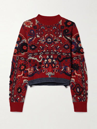 Sacai Shell-trimmed embroidered jacquard-knit wool sweater at Collagerie