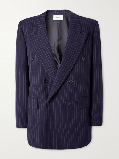 Saint Laurent Double-breasted pinstriped wool-twill blazer at Collagerie