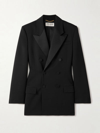 Saint Laurent Double-breasted twill-trimmed grain de poudre wool blazer at Collagerie