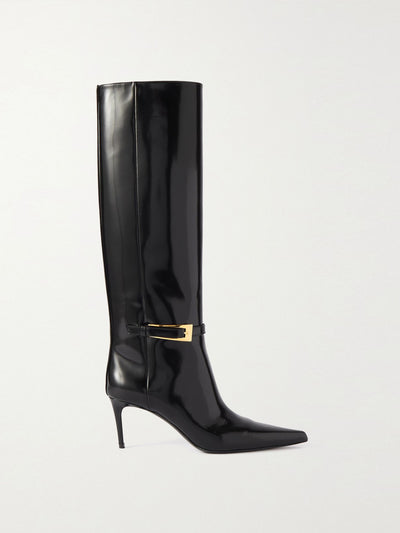 Saint Laurent Lee buckled glossed-leather knee boots at Collagerie