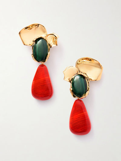 Saint Laurent Petal gold-tone, malachite and resin clip earrings at Collagerie