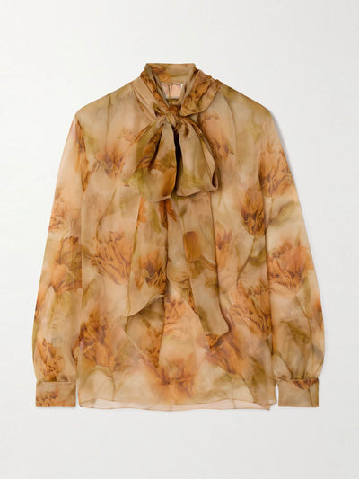 Saint Laurent Pussy-bow floral-print silk-mousseline blouse at Collagerie