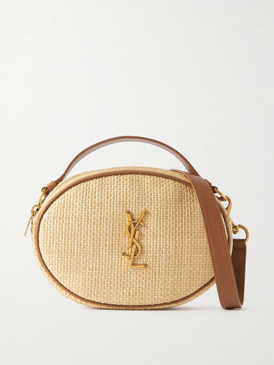 Saint Laurent Leather-trimmed embellished raffia shoulder bag at Collagerie